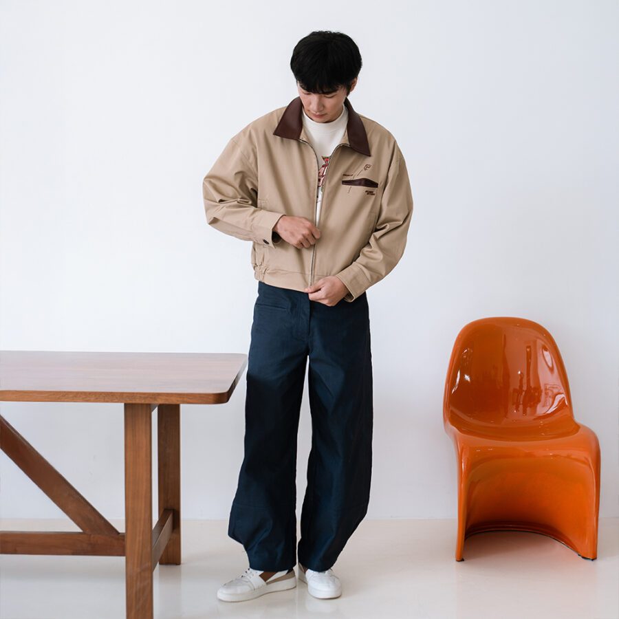SISBURMA Salmon Run Cotton Twill Varsity Jacket with Leather Collar - Image 2