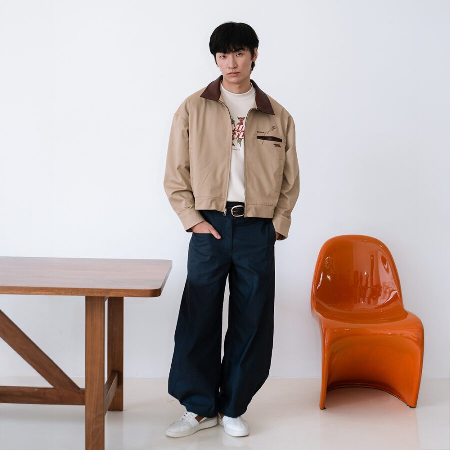 SISBURMA Salmon Run Cotton Twill Varsity Jacket with Leather Collar - Image 4