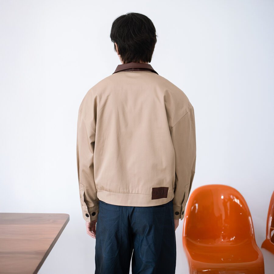 SISBURMA Salmon Run Cotton Twill Varsity Jacket with Leather Collar - Image 5