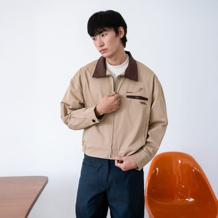 SISBURMA Salmon Run Cotton Twill Varsity Jacket with Leather Collar - Image 6