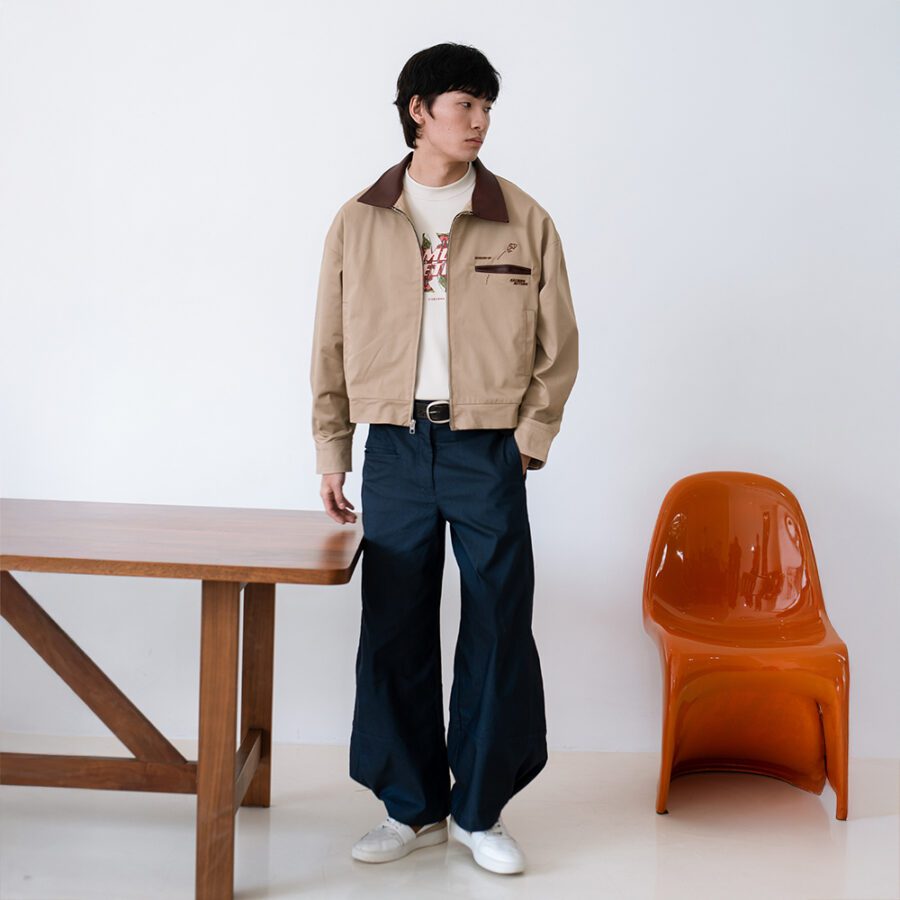 SISBURMA Salmon Run Cotton Twill Varsity Jacket with Leather Collar - Image 7