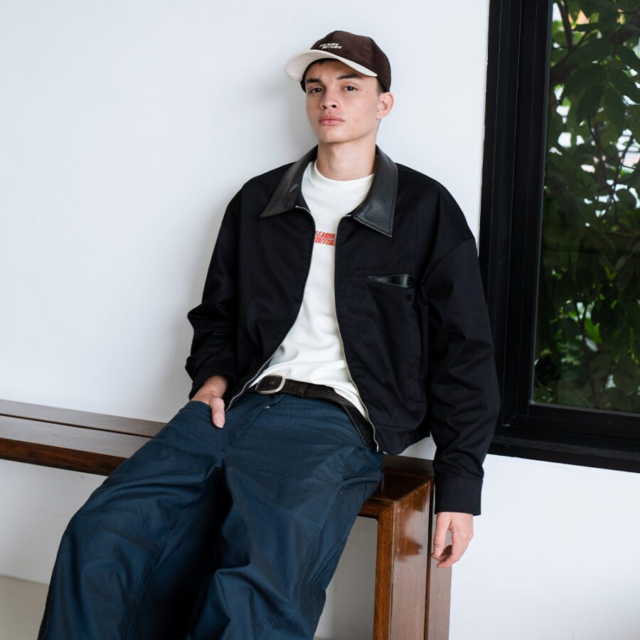 SISBURMA Salmon Run Cotton Twill Varsity Jacket with Leather Collar - Image 14