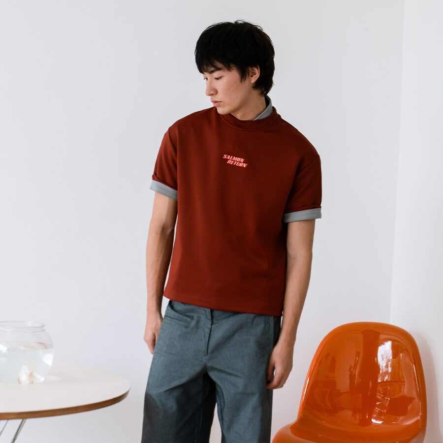 SISBURMA Salmon Diagonal Seam Cropped Tee - Image 4