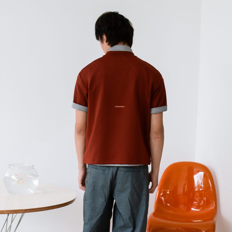 SISBURMA Salmon Diagonal Seam Cropped Tee - Image 5