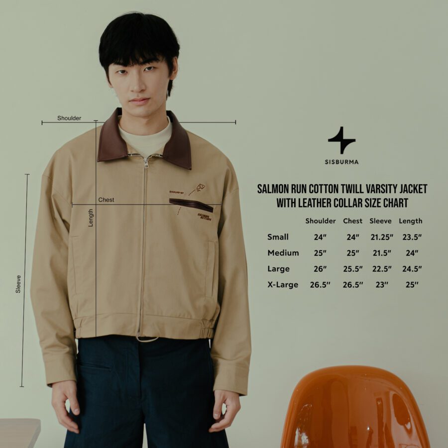 SISBURMA Salmon Run Cotton Twill Varsity Jacket with Leather Collar - Image 16